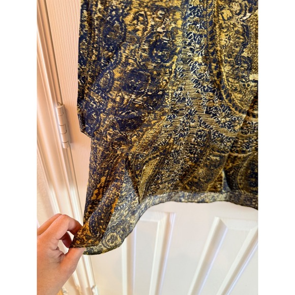 Lafayette 148 Silk Blouse L Navy Gold Abstract Paisley Tunic Quiet Luxury - Picture 9 of 9